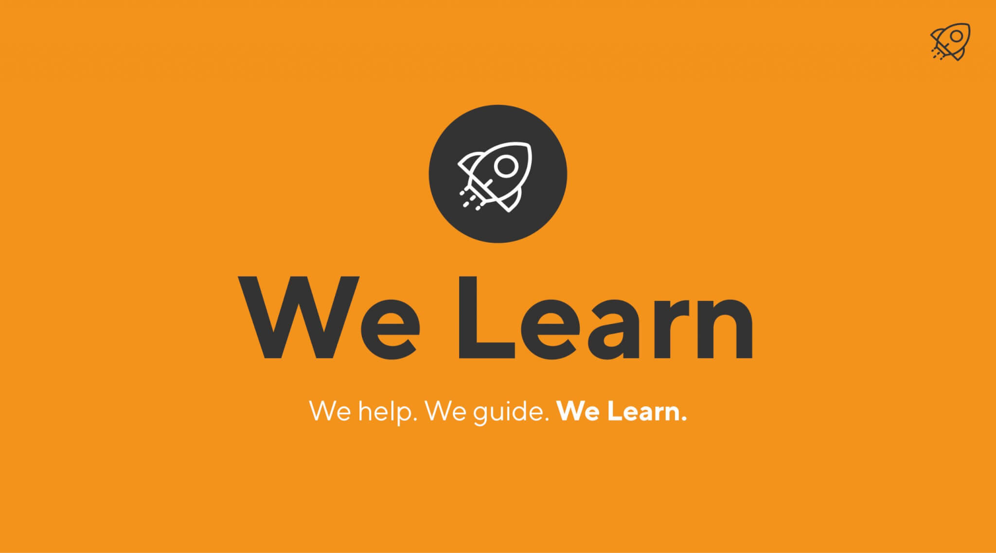 Logo for "We Learn" and the tagline "We help. We guide. We Learn."