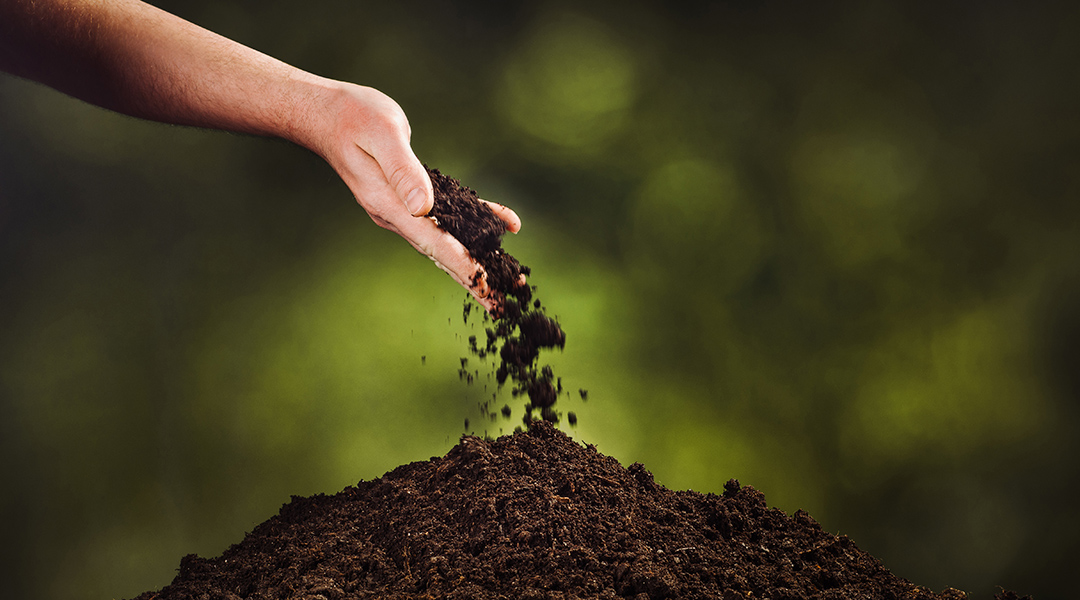 Close up of a hand pouring black soil on small mound of dirt.