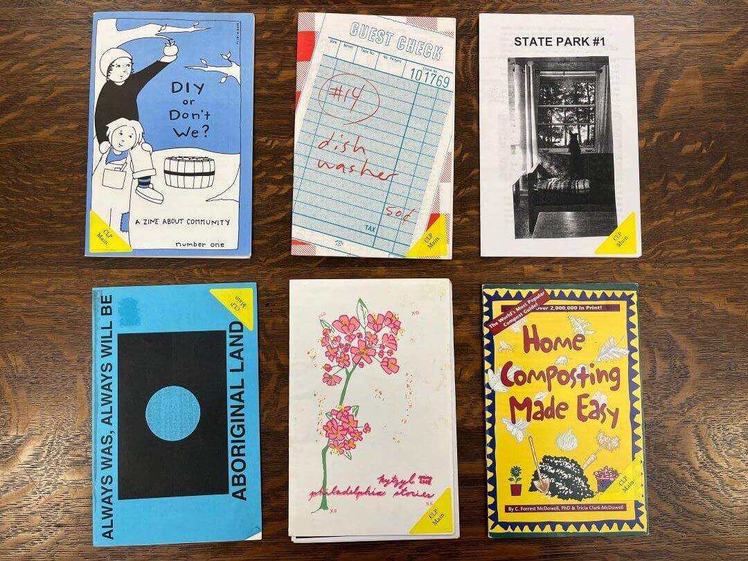 A collection of six zines on a wooden surface, each featuring different covers and titles.