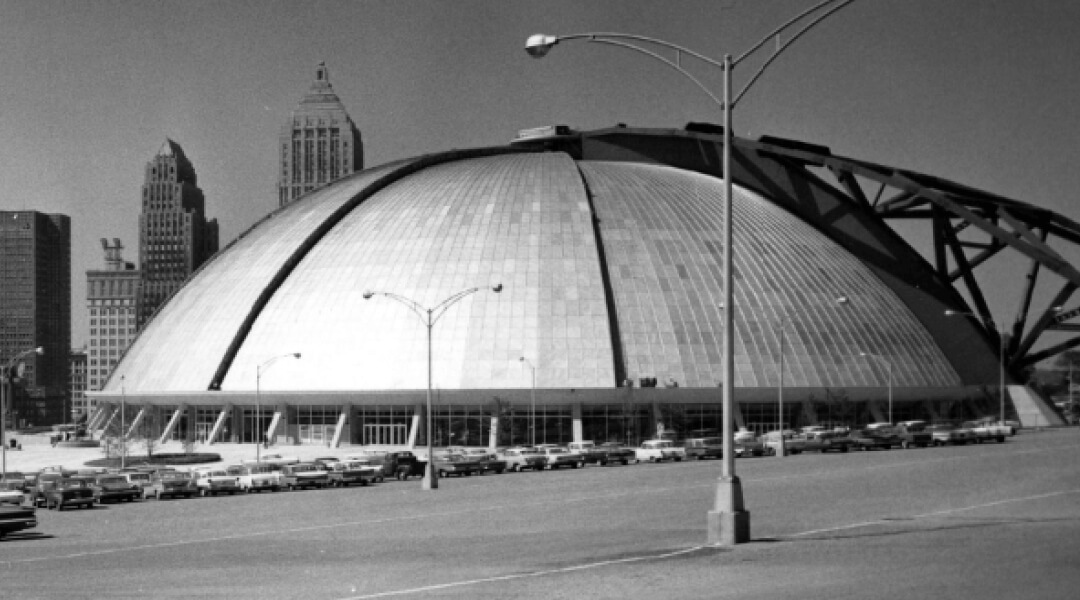 Historic black and white image of the old Civic Arena in Pittsburgh.