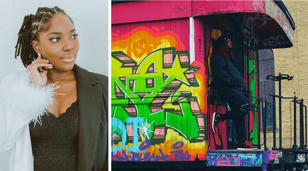 Photo of artist Bria Petite next to a photo of a man leaving against a train car covered in bright graffiti