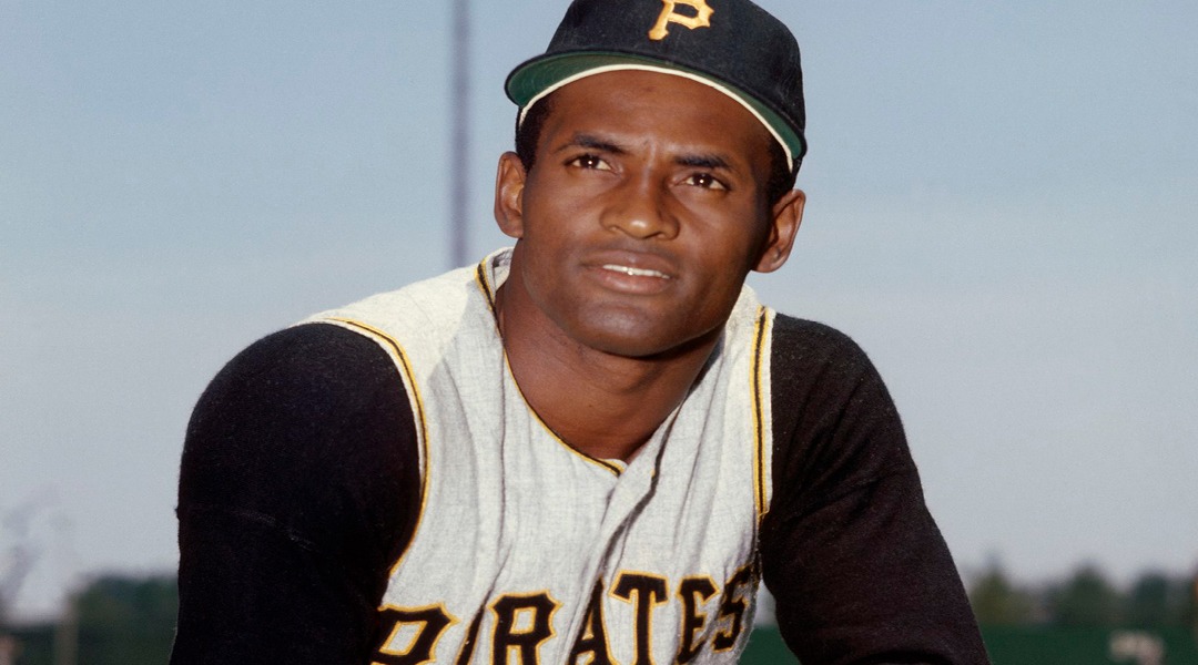 Baseball player Roberto Clemente in his Pittsburgh Pirates uniform.