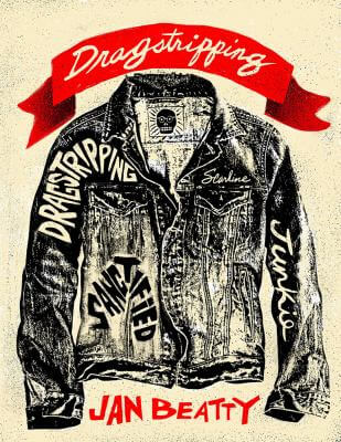 Book cover: Dragstripping. Stylized drawing of a denim jacket.