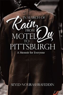 Book cover: In Search of Rain, from Motel Qu to Pittsburgh. The back of a person in a jacket.