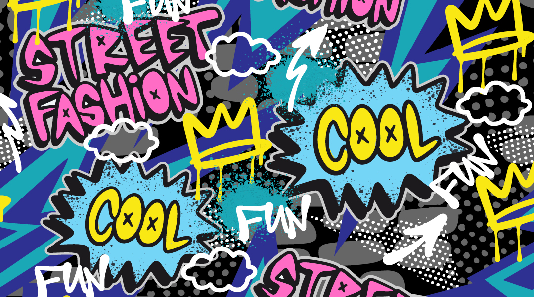 Fun bubble typography in a graffiti style in blue, yellow, and pink.