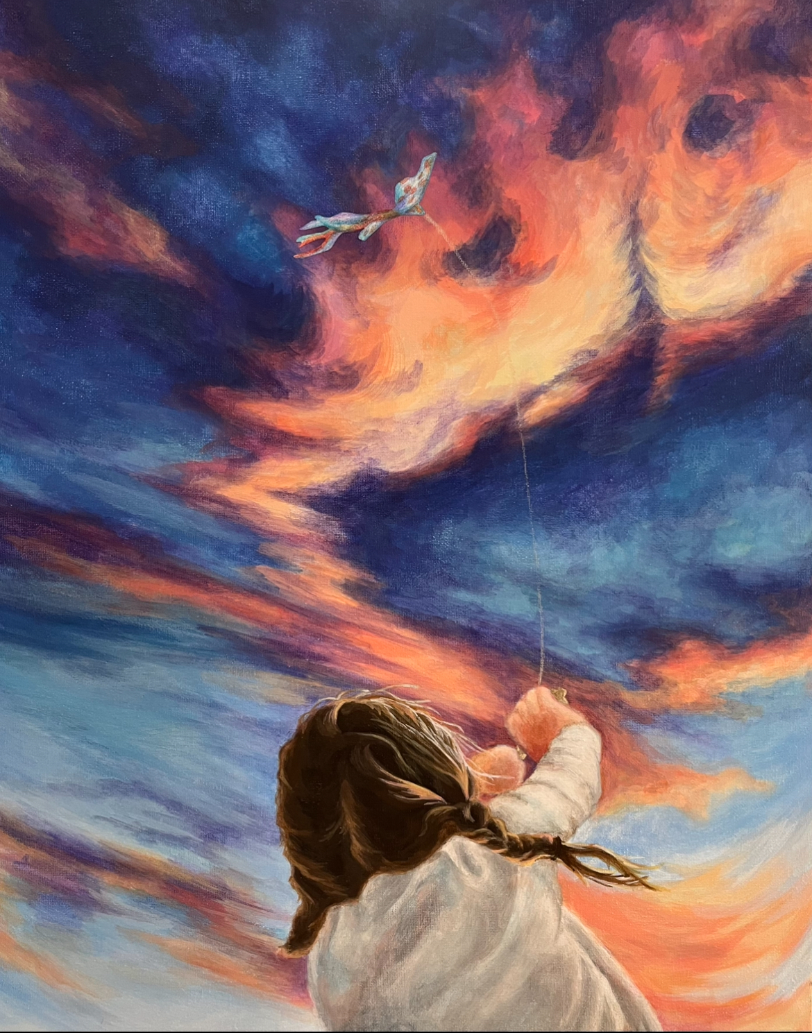 By Muriel Liu.. Painting of a girl with braids holding a kite into a sky that is streaked with blue and orange clouds.