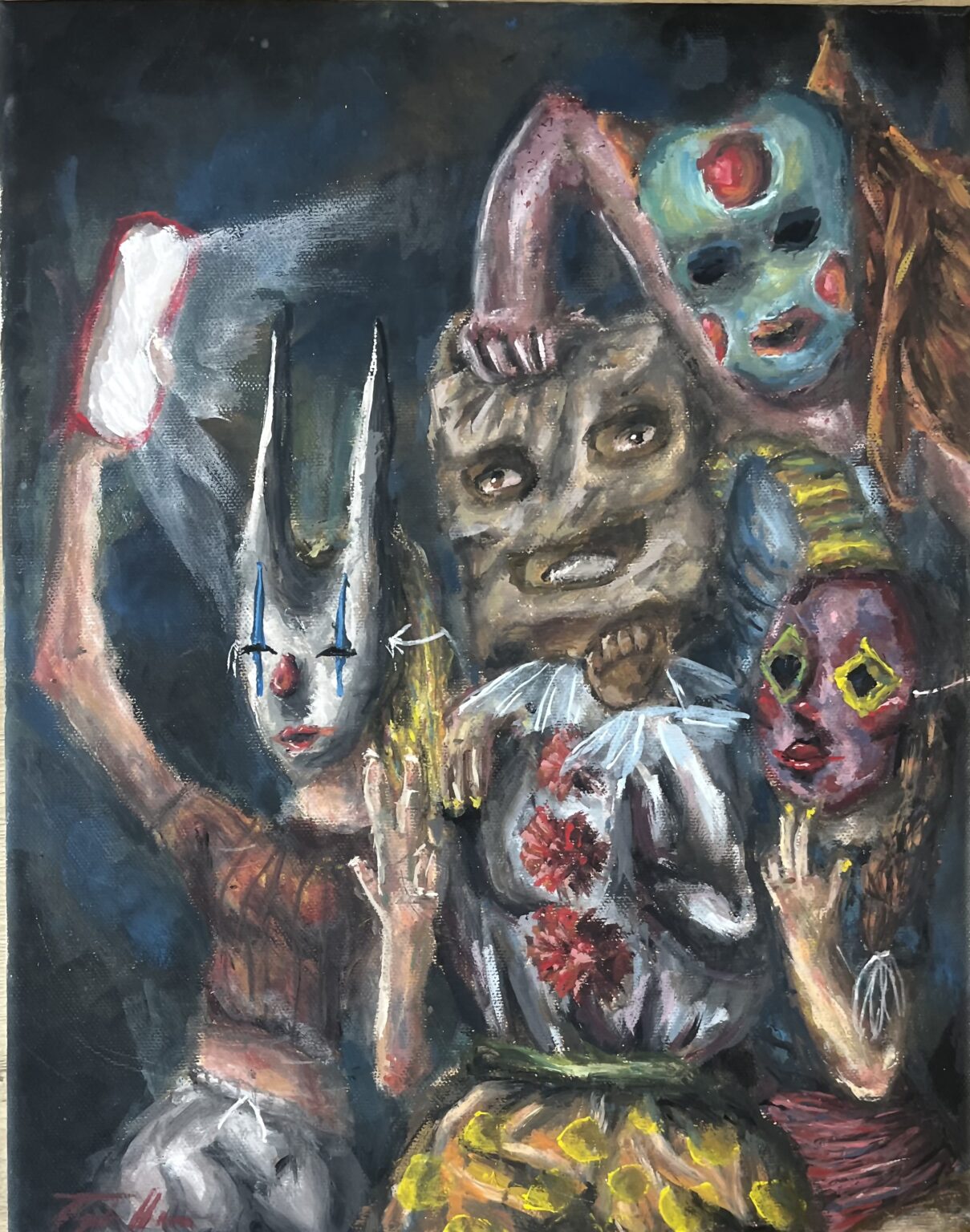 By Taylor Ham. Painting of four clowns - three white teenage girls preparing to unmask the fourth and central figure, a Black teenager with a paper bag over her head.