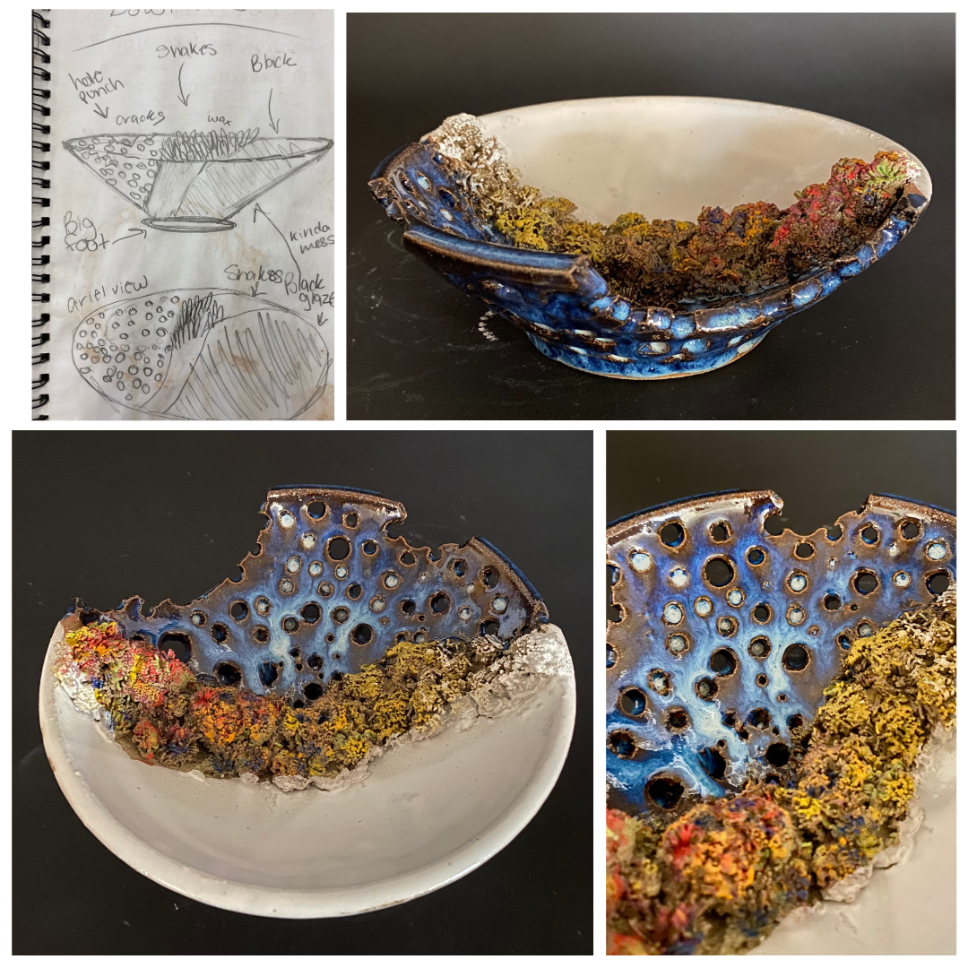 By Julia Driscoll. A ceramic bowl that is made to look as though it is being overtaken by coral, with one half cracked and full of holes.