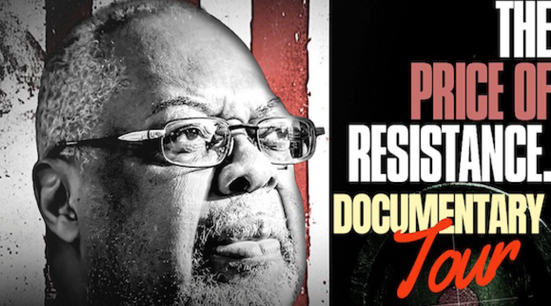 Black and white photo of Sala Udin with text reading" The Price of Resistance Documentary Tour