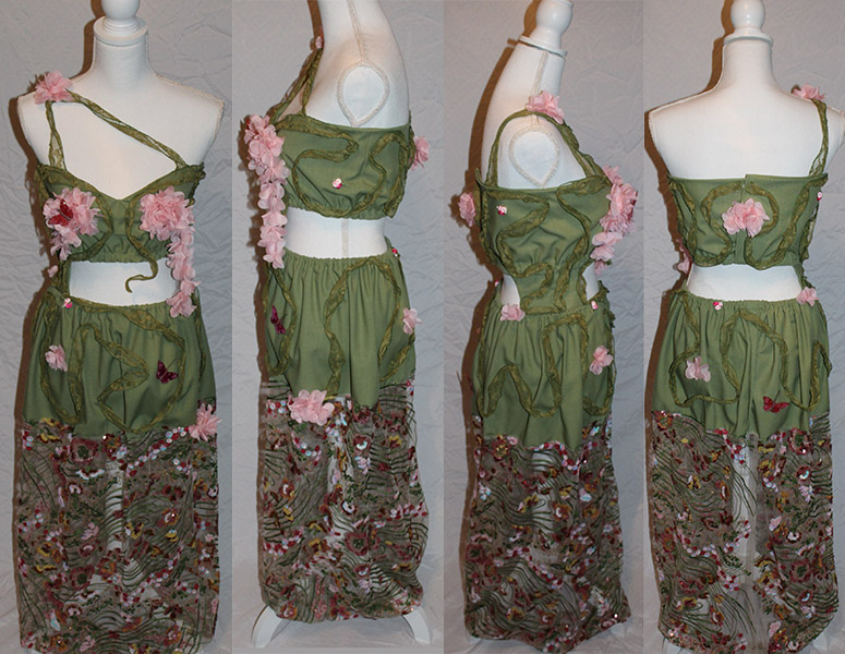 Front, side, and rear views of a green dress with flower embellishments.