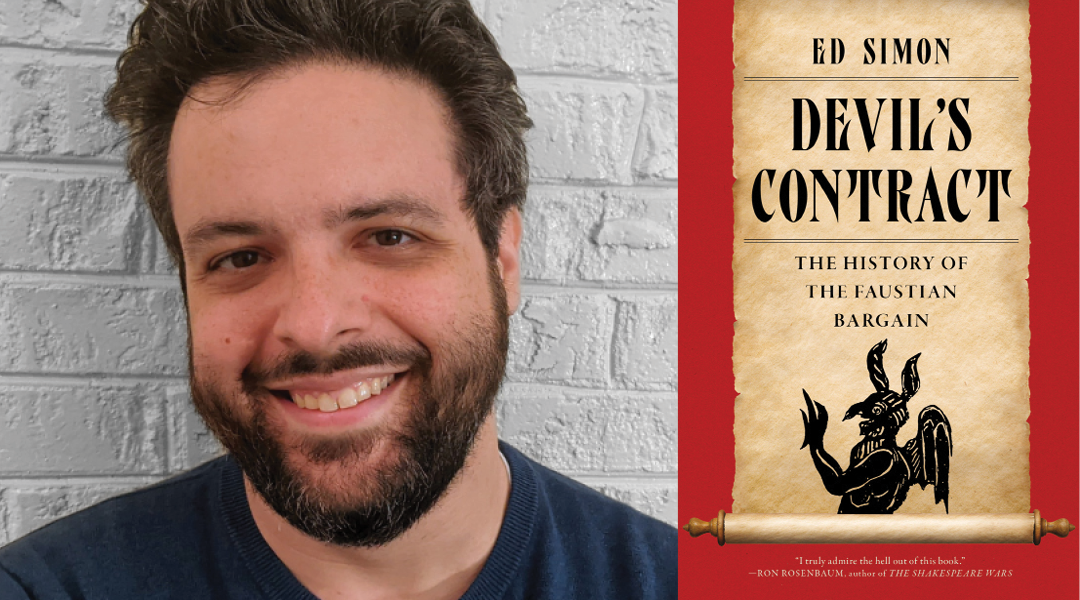 Author Ed Simon next to cover of his book - Devil's Contract.
