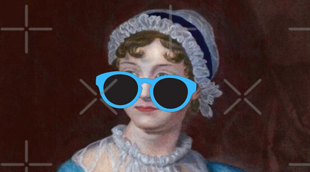 Portrait of author Jane Austen with sunglasses photoshopped on her face.