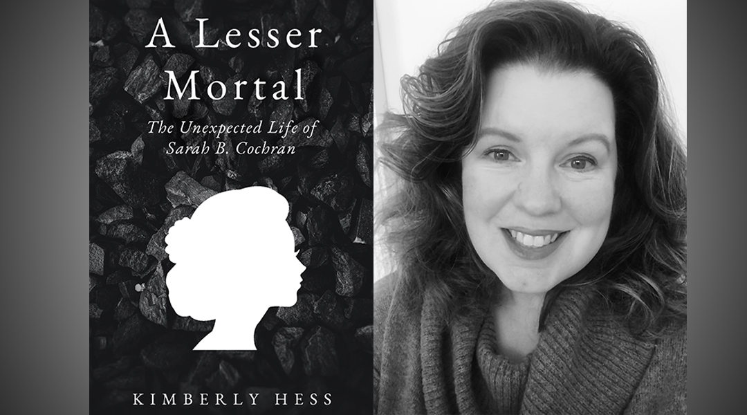 Author Kimberly Hess next to cover of her book, A Lesser Mortal.