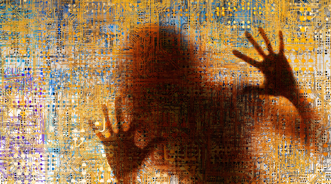 silhouette of woman with hands on wall made up of computer network