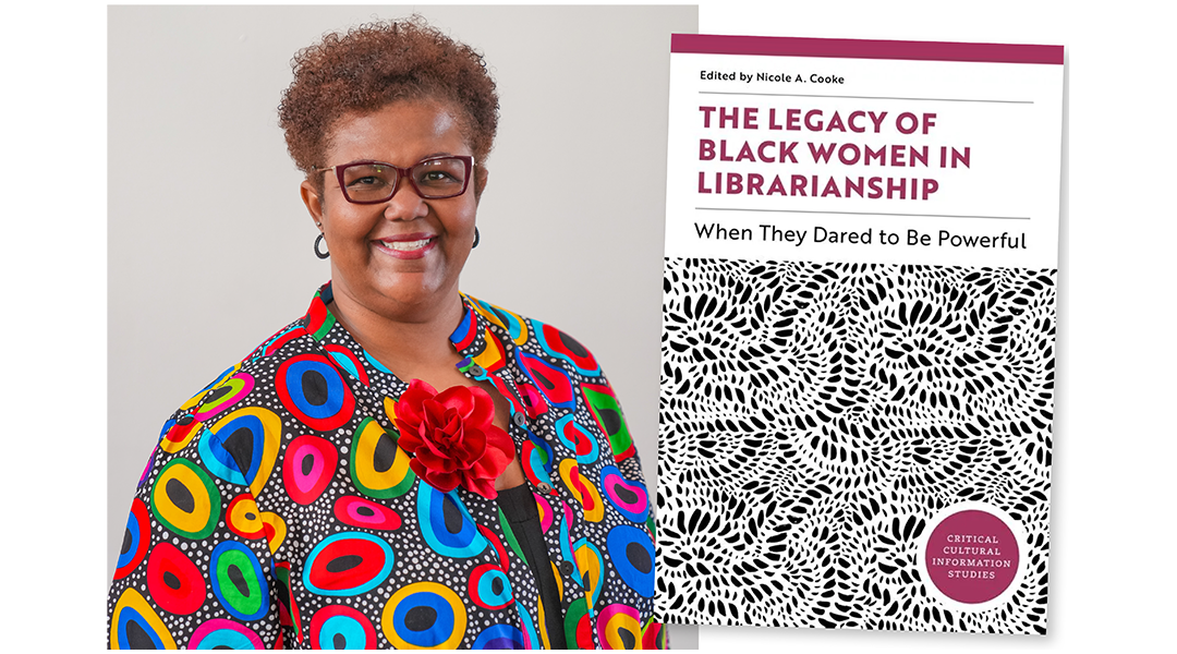 Photo of Dr. Nicole A. Cooke next to her bookcover for "The Legacy of Black Women in Librarianship"