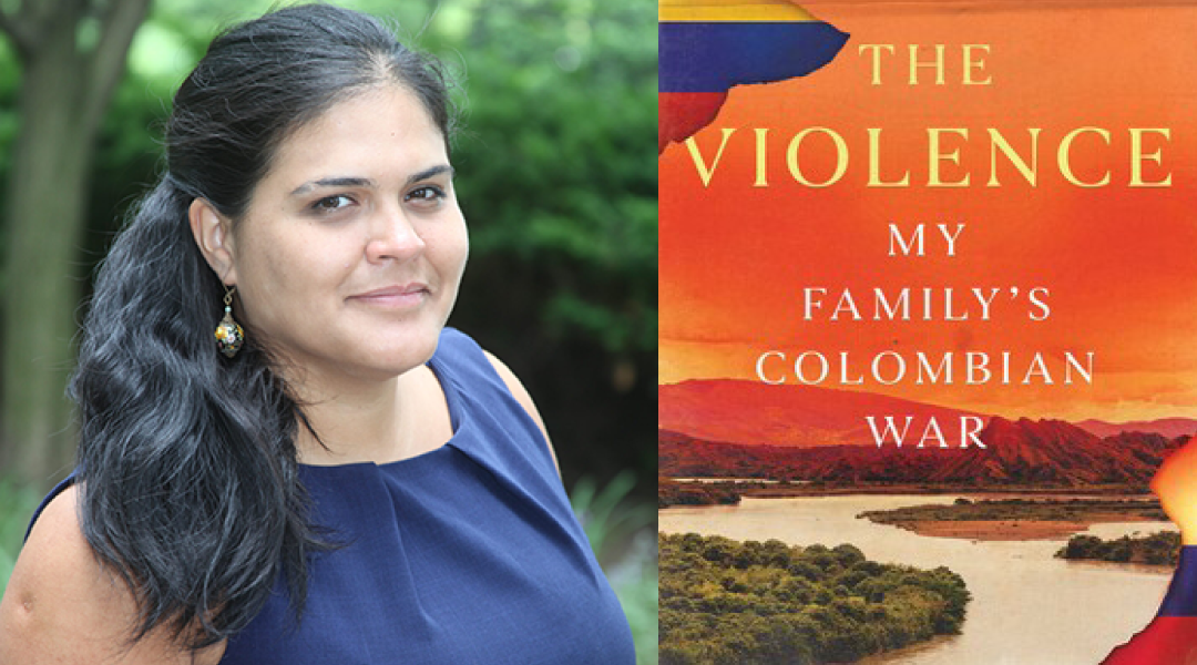 Author Adriana Ramirez next to cover of her book, The Violence