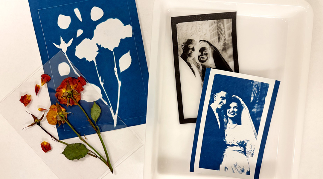 Examples of cyanotype printing featuring pressed flowers and a film negative of a wedding photo.