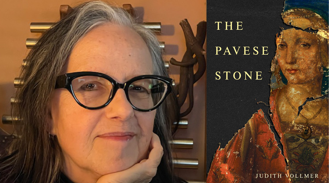 Author Judith Vollmer next to cover of her book, The Pavese Stone