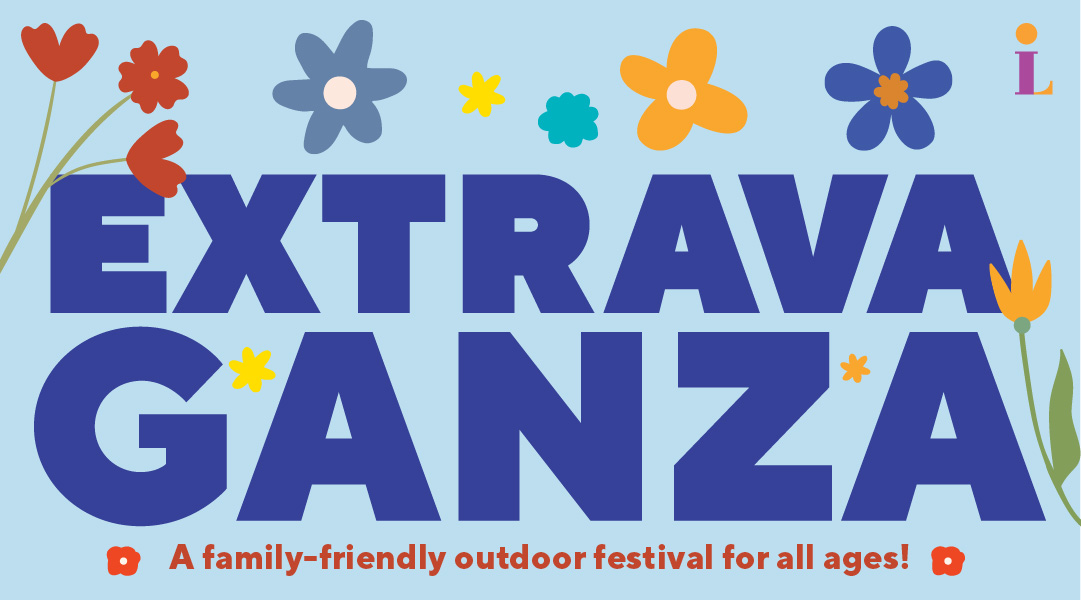 Extravaganza - A family-friendly outdoor festival for all ages! Navy text on blue background surrounded by simple illustrations of flowers and the Library logo.