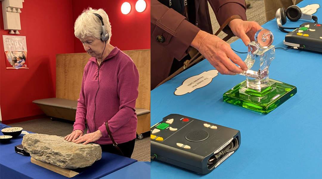 A mature woman wearing headphones to an audio description touches a rock's surface next to image of hands exploring blown glass shape.