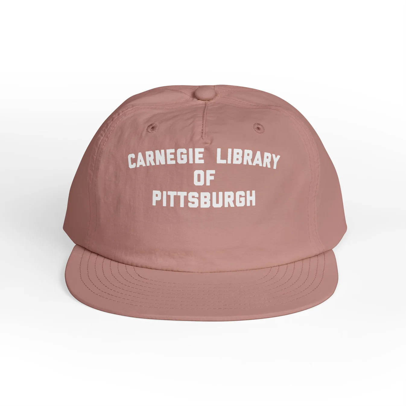 A dusty pink collegiate surf cap with embroidery that reads "Carnegie Library of Pittsburgh