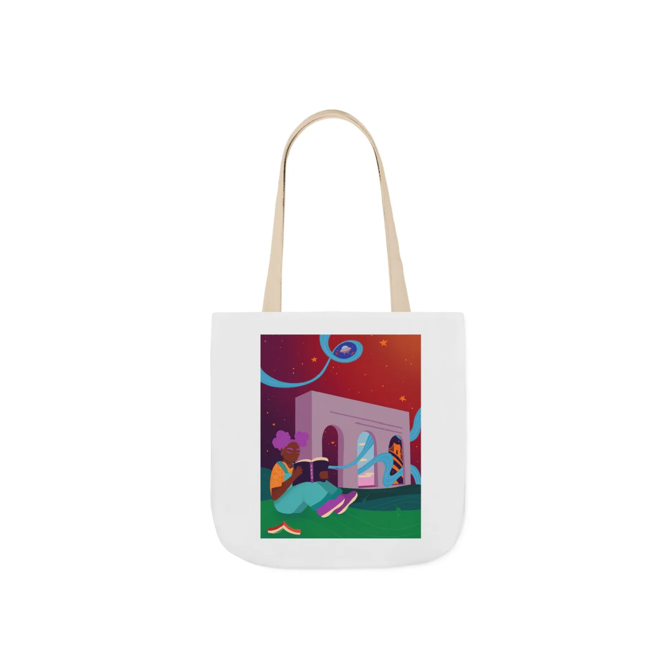 A tote bag printed with an illustration of Carnegie Library Main