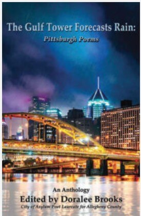 Book cover of The Gulf Tower Forecasts Rain: Pittsburgh Poems. A photo of Downtown Pittsburgh at night.