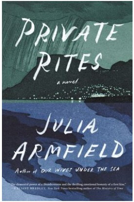 Book cover of Julia Armfield's Private Rites. Drawing - looking at a shore line from the water, storm clouds overhead.