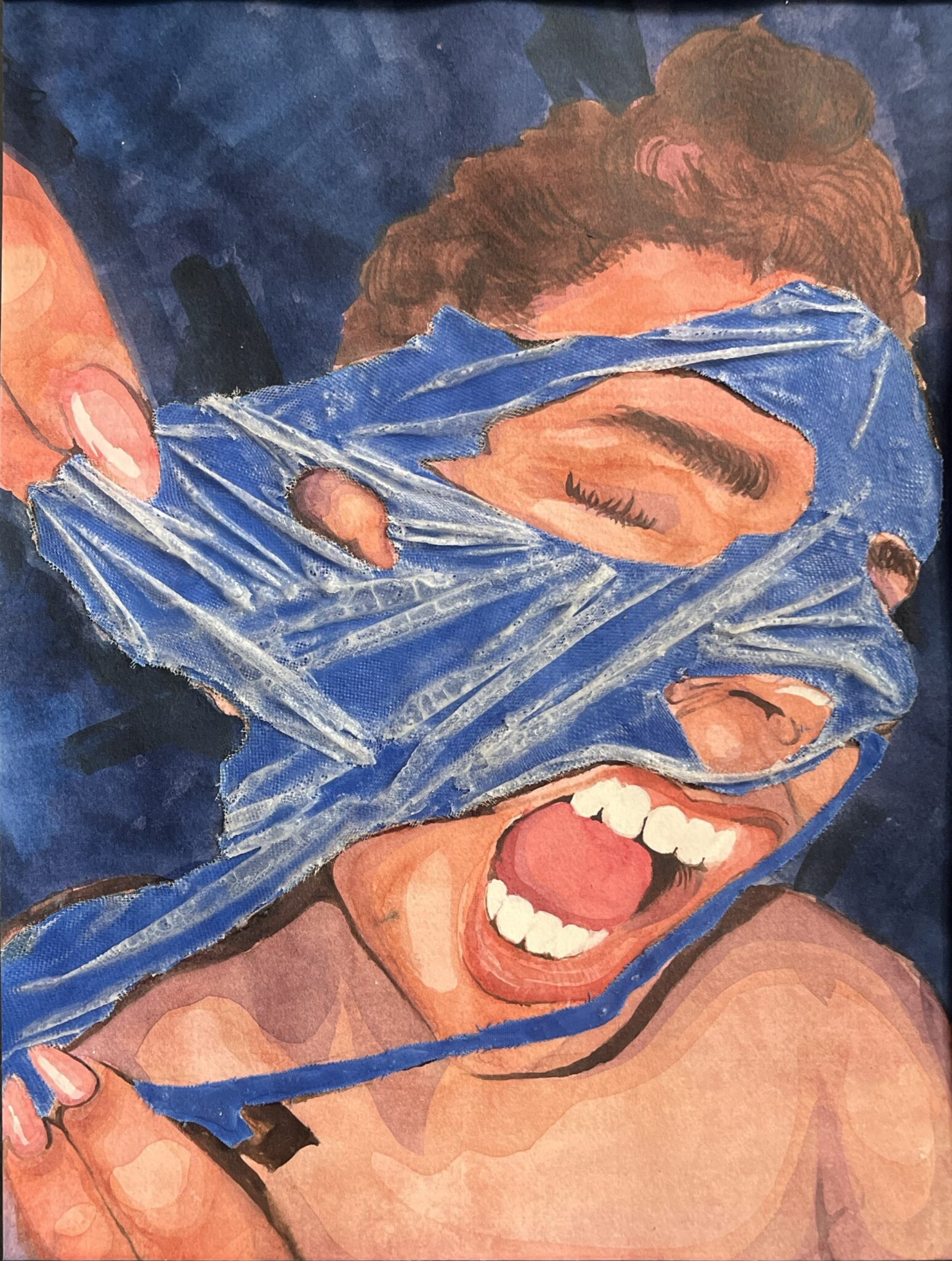 By Ava Wynne. Portrait of a person screaming, peeling away blue material that is covering their face.