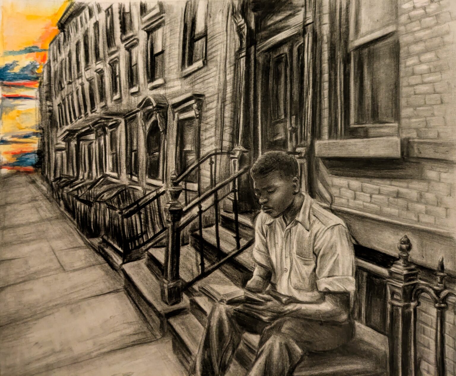By Emerson Botts. Charcoal drawing of a Black man reading on the stoop in a row of townhouses.