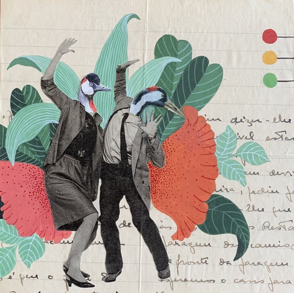 Artistic image of two people with bird heads dancing in front of large flowers and a backdrop of a lined paper with words in ink.