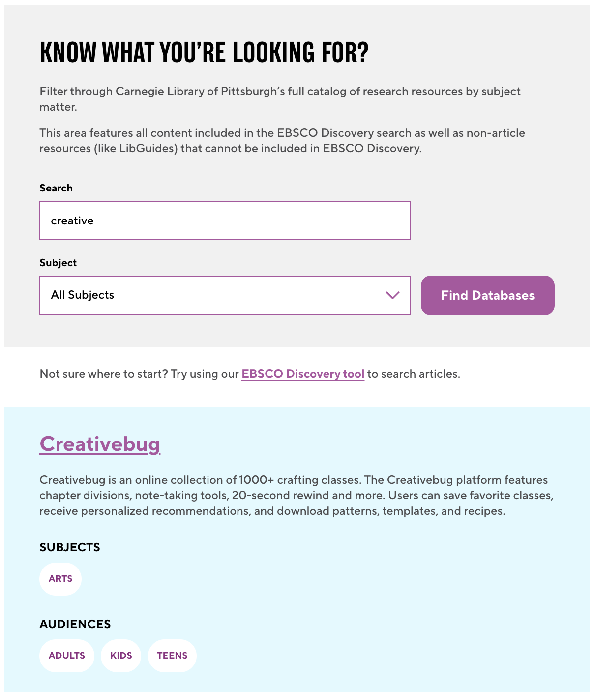 creativebug search for in the database search tool