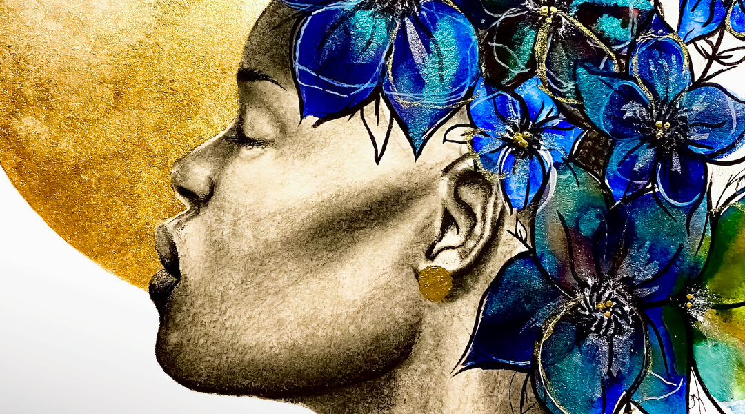 A painting of an an African American woman with blue flowers around their head — Featured Image: “Peace of Mind” by Morgan Overton
