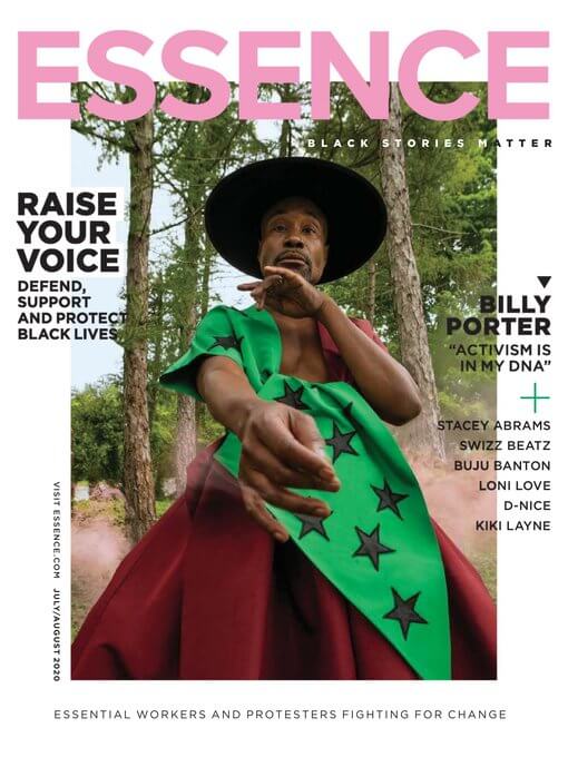 Cover of the magazine "Essence" shows a person wearing a large hat and green sash with stars.