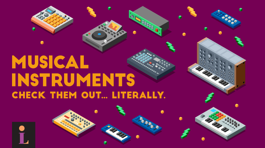 Illustrations of musical instruments next to text that reads "Musical instruments. Check them out... Literally."
