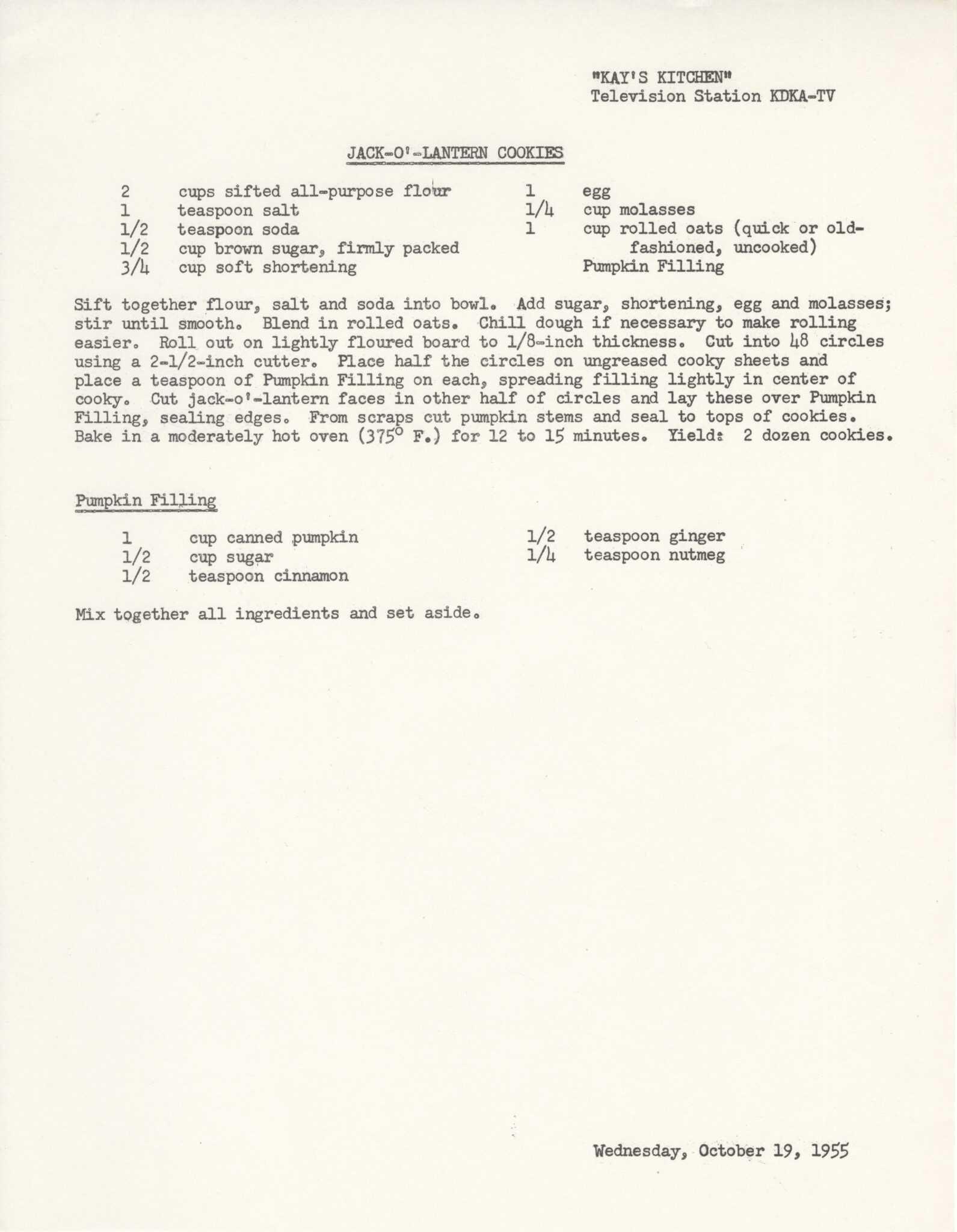 Text on paper - the original recipe page for Jack-O'-Lantern Cookies.