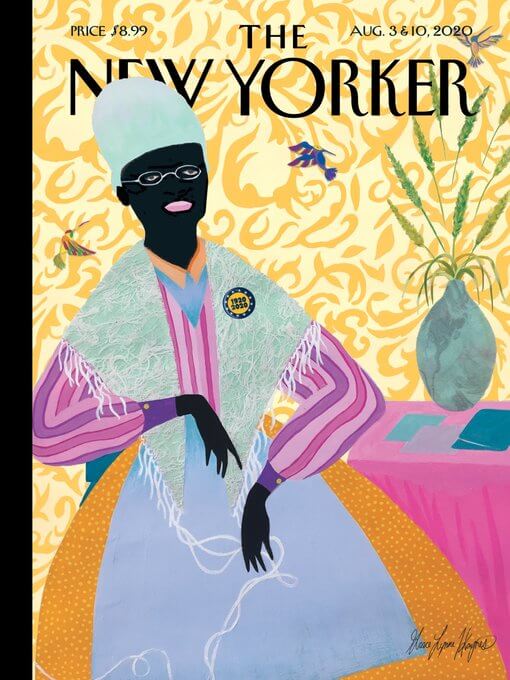 Cover of the magazine "The New Yorker" shows a brightly colored illustration of Sojourner Truth sitting next to a table with a vase, surrounded by three hummingbirds.