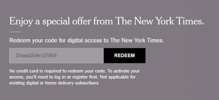 A gray and white subscription box says, "Enjoy a special offer from the New York Times"