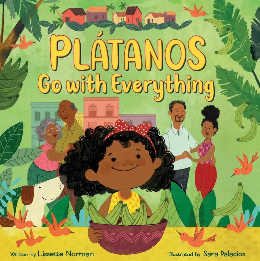 Book illustration - child with a ribbon holding a bowl of plantains (bananas). Images of older couple (grandparents) and younger couple (parents) and dog in the background.