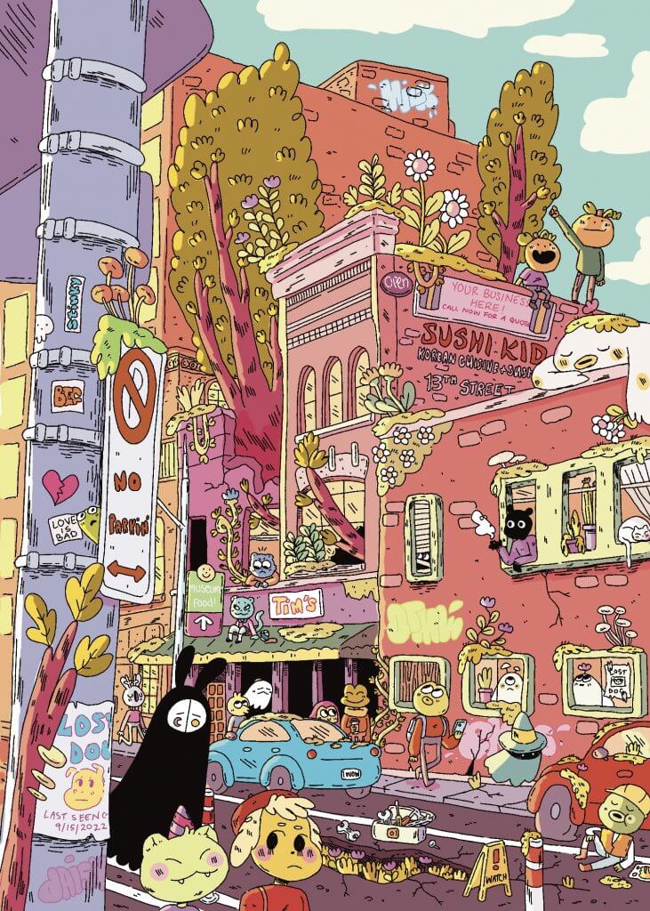 Colorful cartoon image of a city street scene with fantastical figures and buildings