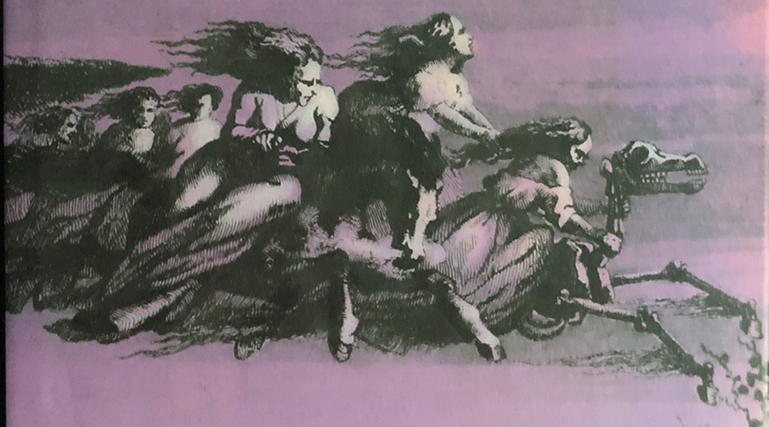 Old illustration of witches riding on a horse skeleton.